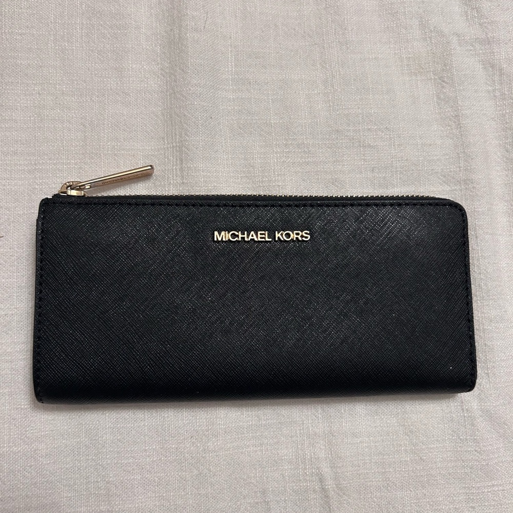 Authentic Michael Kors Black Saffiano Zip Wallet with Gold Hardware